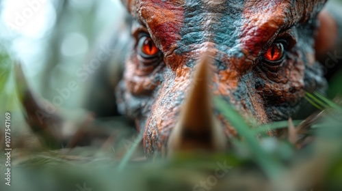 An intense portrayal of a triceratops nestled in lush foliage, its vivid eyes capturing attention while blending into the natural environment of ancient times. photo