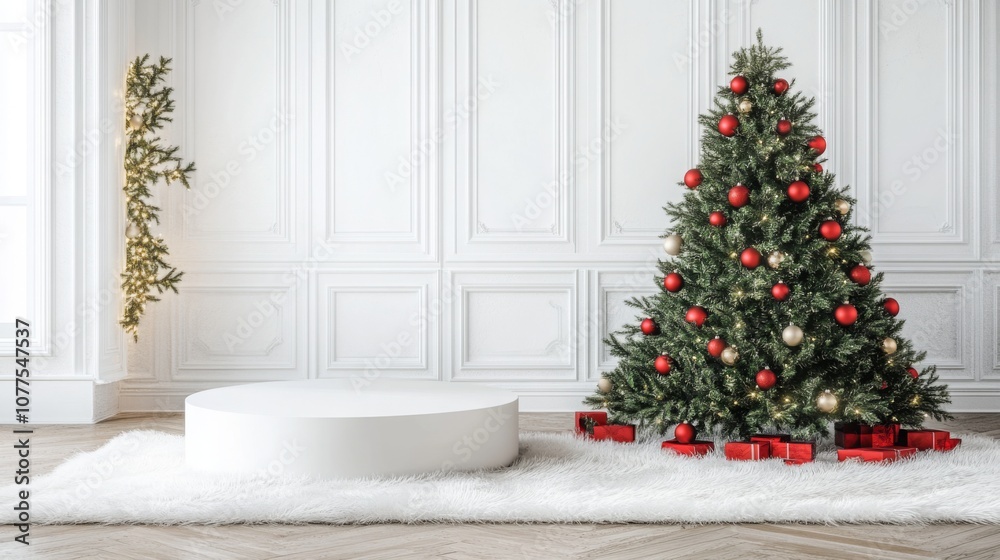 A decorated Christmas tree with red and gold ornaments stands in a white room with white paneling and a white platform. The tree is surrounded by red gift boxes on a white shag rug. A decorated Christmas tree with red and gold ornaments stands in a white room with white paneling and a white platform. The tree is surrounded by red gift boxes on a white shag rug.