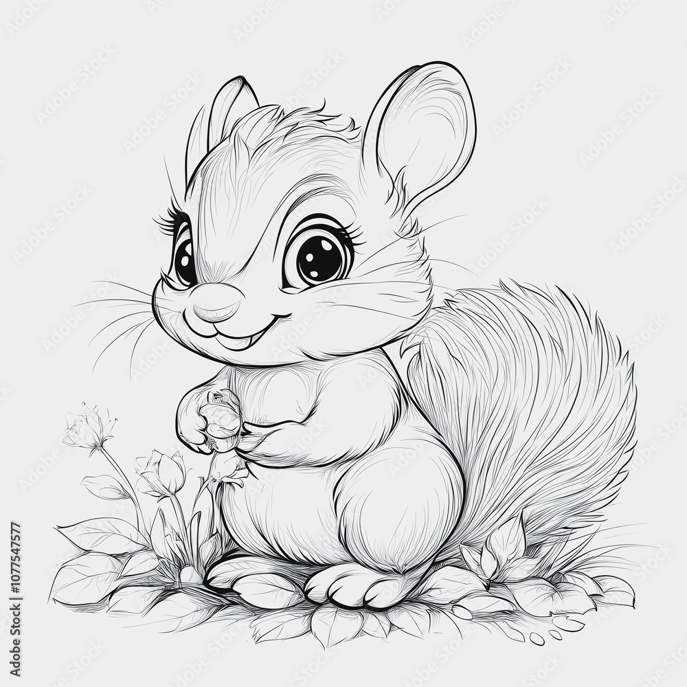 Cute Cartoon Squirrel with Large Eyes and Fluffy Tail Sitting Among Flowers, Ideal for Children's Illustrations, Coloring Books, and Nature Themes Cute Cartoon Squirrel with Large Eyes and Fluffy Tail Sitting Among Flowers, Ideal for Children's Illustrations, Coloring Books, and Nature Themes