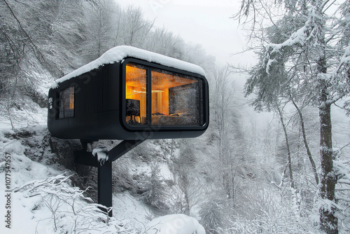 Perspektive auf modernes Baumhaus im verschneiten Wald