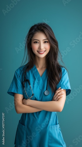 Confident Smiling Asian Nurse with Arms Crossed, Solid Green Background, Healthcare Professional, Medical Worker