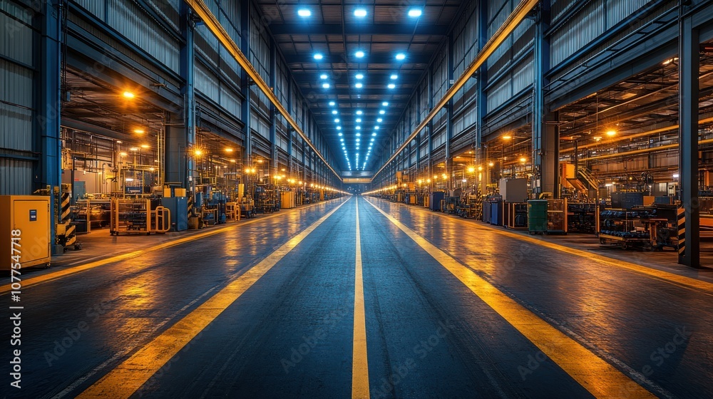 A spacious industrial warehouse with illuminated workspaces. A spacious industrial warehouse with illuminated workspaces.