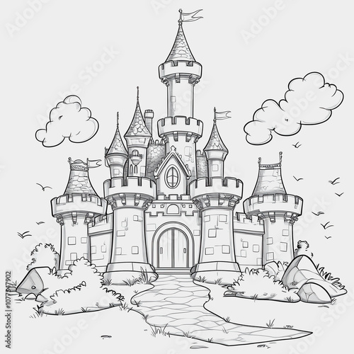 Enchanting Medieval Castle Line Art for Coloring Pages Featuring Turrets, Flags, Trees, Clouds, and Pathway on a Light Grey Background photo