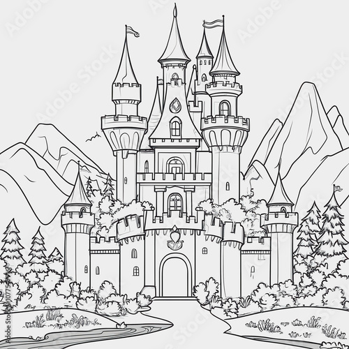 Enchanting Hand-Drawn Castle Surrounded by Majestic Mountains and Lush Forests, Perfect for Fantasy Illustrations and Children’s Coloring Books