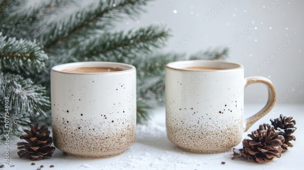 Cozy cups of coffee among pine branches and winter decor Cozy cups of coffee among pine branches and winter decor