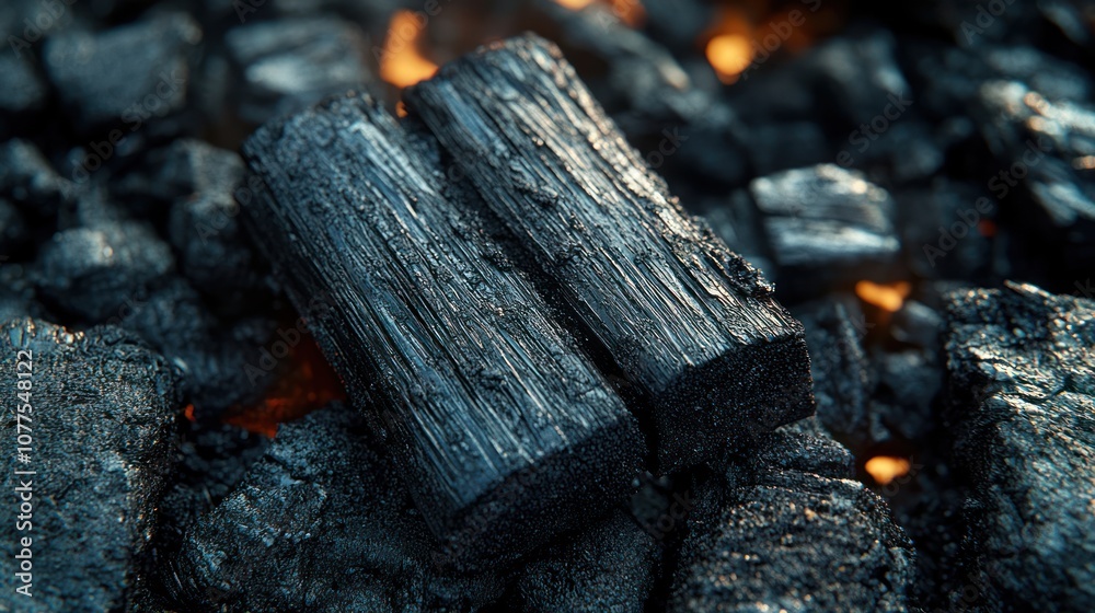 Close-up of two smoldering charcoal logs in a bed of hot coals. Close-up of two smoldering charcoal logs in a bed of hot coals.