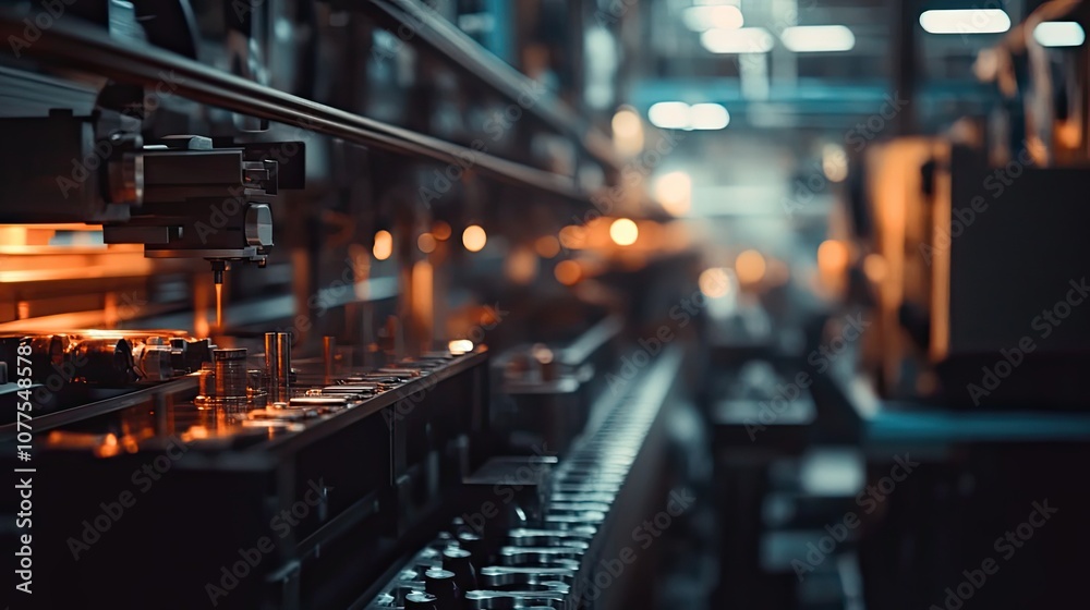 Close-up of an Automated Manufacturing Line with Metal Parts