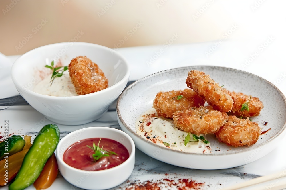 Golden Crispy Tempura Shrimp with Dipping Sauces and Japanese Pickles, Modern Plating in Bright Natural Light, Professional Editorial Photo Golden Crispy Tempura Shrimp with Dipping Sauces and Japanese Pickles, Modern Plating in Bright Natural Light, Professional Editorial Photo