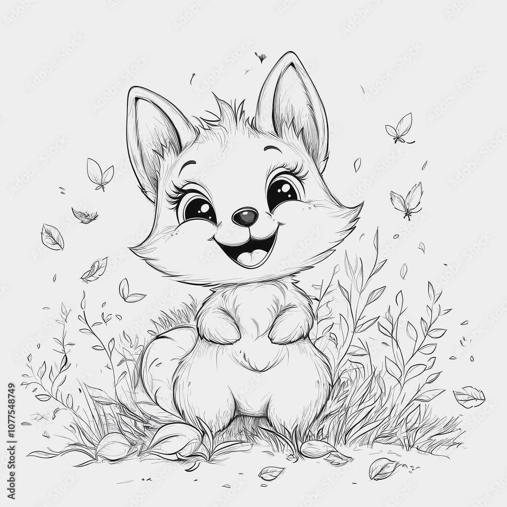 Obraz premium Adorable Hand-Drawn Cartoon Fox Character Surrounded by Nature, Smiling Joyfully Amidst Leafy Greens and Playful Butterflies in a Charming Scene