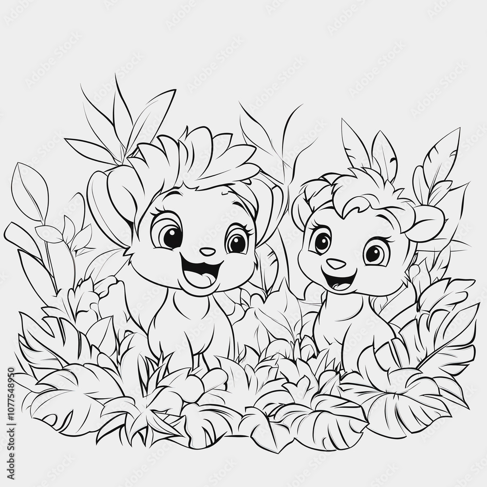 Obraz premium Cute Cartoon Lion Characters Surrounded by Lush Foliage and Tropical Plants, Perfect for Children's Book Illustrations and Fun Coloring Pages