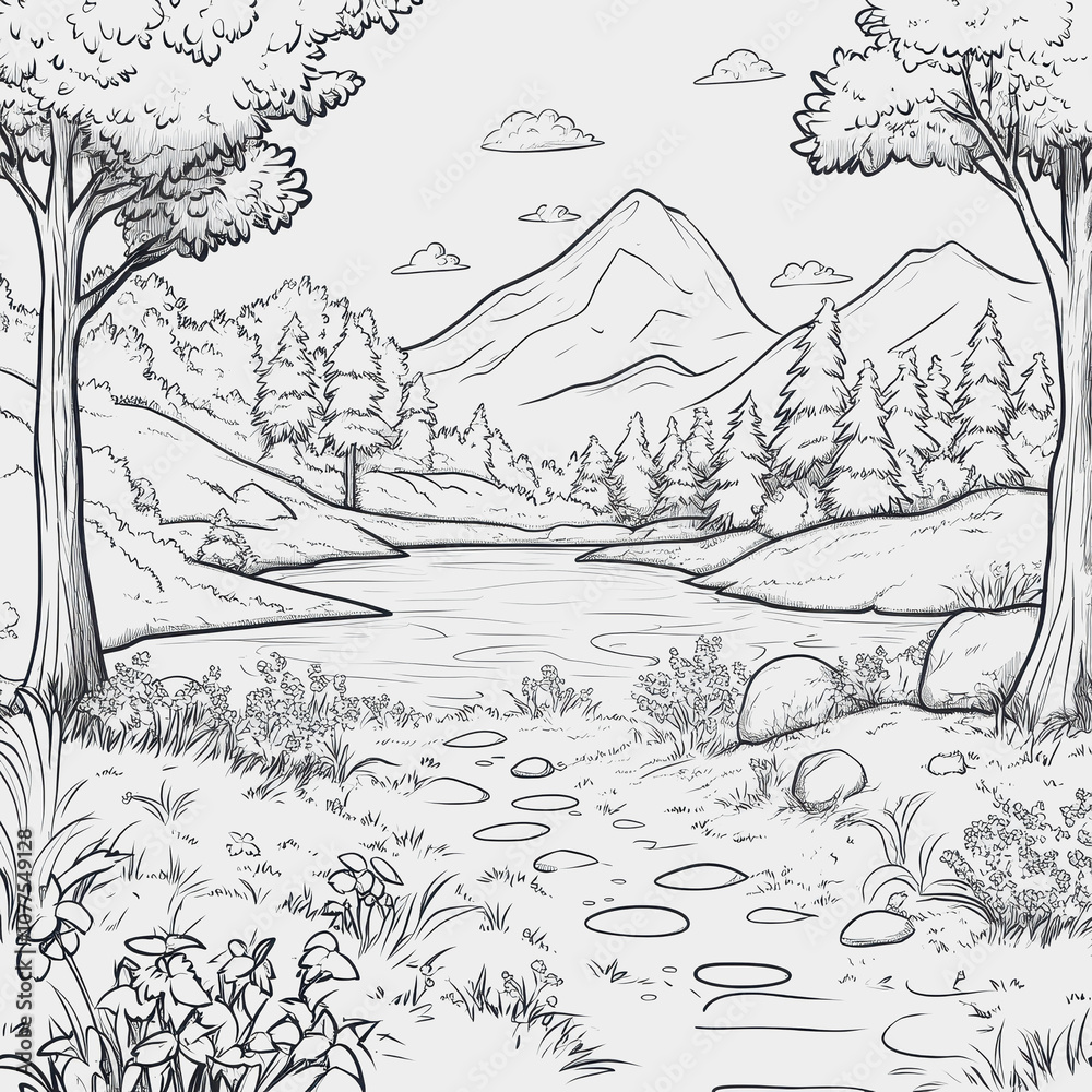 Serene Line Art Landscape Featuring Mountains, Trees, River, and Clouds in a Tranquil Natural Setting for Relaxation and Inspiration Serene Line Art Landscape Featuring Mountains, Trees, River, and Clouds in a Tranquil Natural Setting for Relaxation and Inspiration