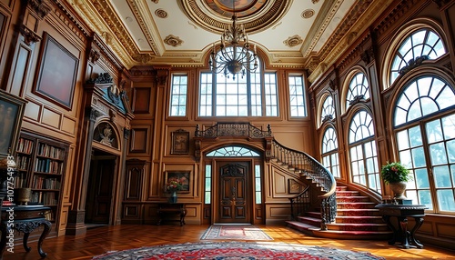 A grand, ornate entry room with a sweeping staircase, a high ceiling, and large windows that let in an abundance of natural light.