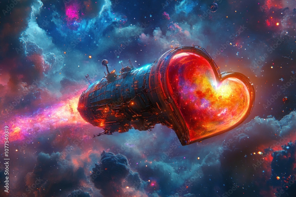 A futuristic spaceship shaped like a heart, traveling through a nebula in space. A futuristic spaceship shaped like a heart, traveling through a nebula in space.
