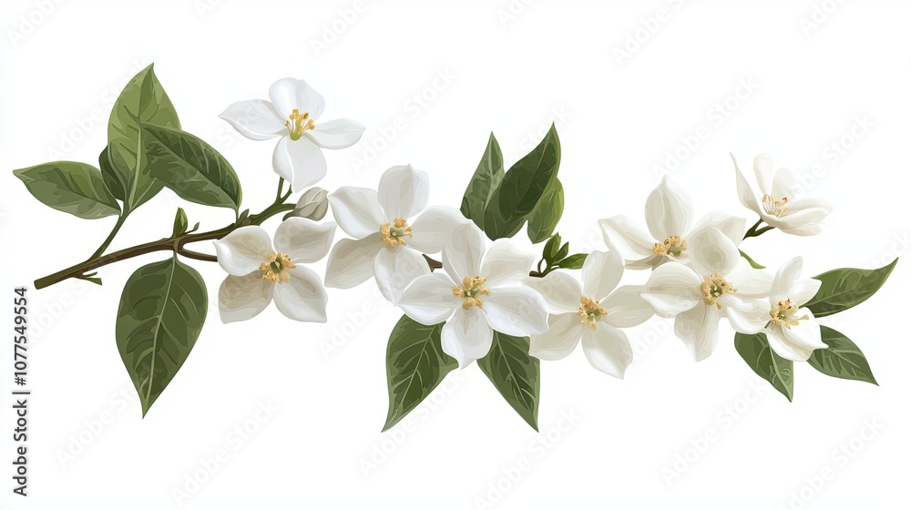 Fototapeta premium A Branch of White Flowers with Green Leaves