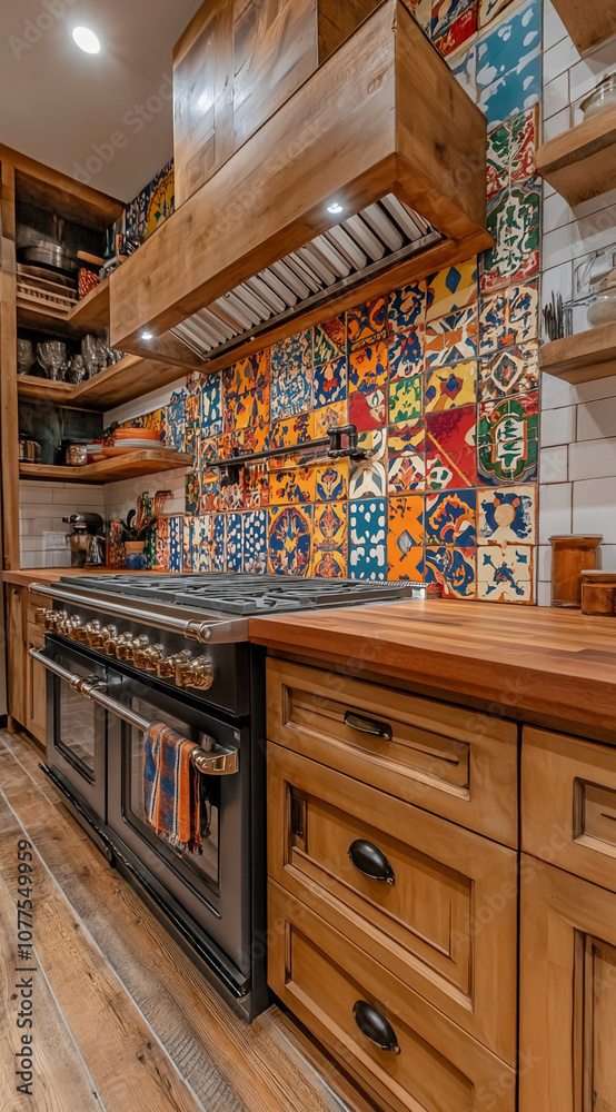 A modern kitchen with wooden cabinets and a large, black oven. The backsplash is made of colorful tile with a wood-paneled range hood above A modern kitchen with wooden cabinets and a large, black oven. The backsplash is made of colorful tile with a wood-paneled range hood above