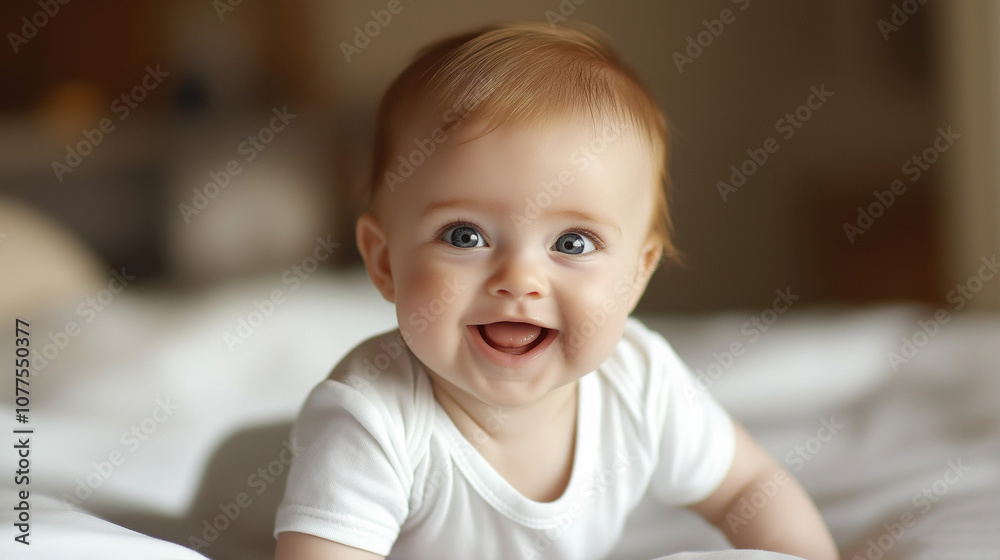 Happy smiling baby lying on a soft bed, representing innocence, joy, and warmth, perfect for themes of family, childhood, and early development Happy smiling baby lying on a soft bed, representing innocence, joy, and warmth, perfect for themes of family, childhood, and early development