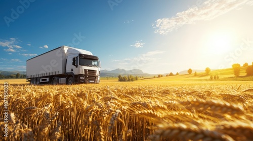 A White Truck Parked in a Sunlit Agricultural Field Surrounded by Golden Wheat Under a Clear Blue Sky with Distant Mountains in the Background