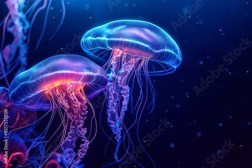 Group of glowing bioluminescent jellyfish floating in dark ocean waters, symbolizing the mystery and beauty of marine life, ideal for themes of ocean exploration, aquatic creatures,