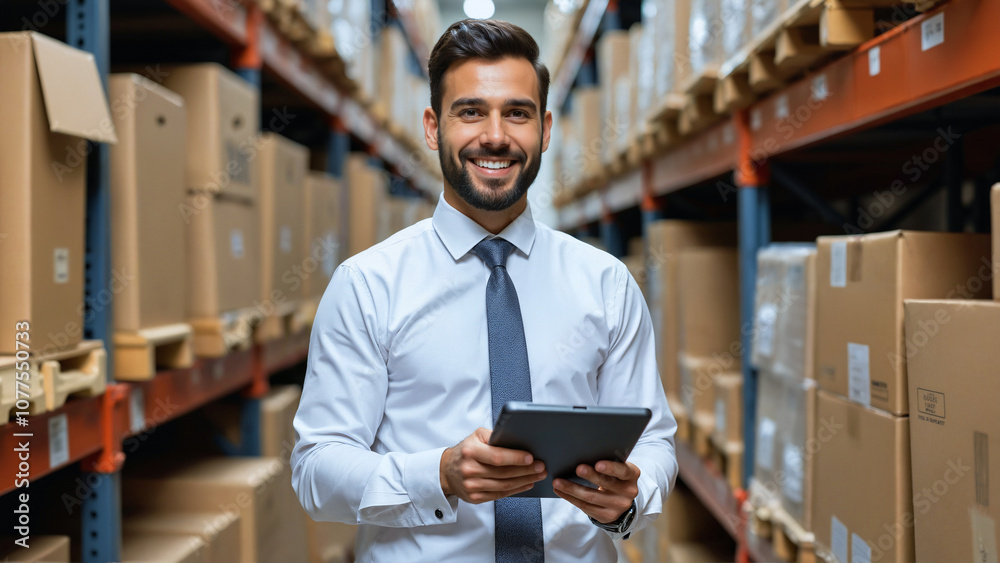 Fototapeta premium a smiling man in a white shirt and tie holding a tablet in a warehouse
