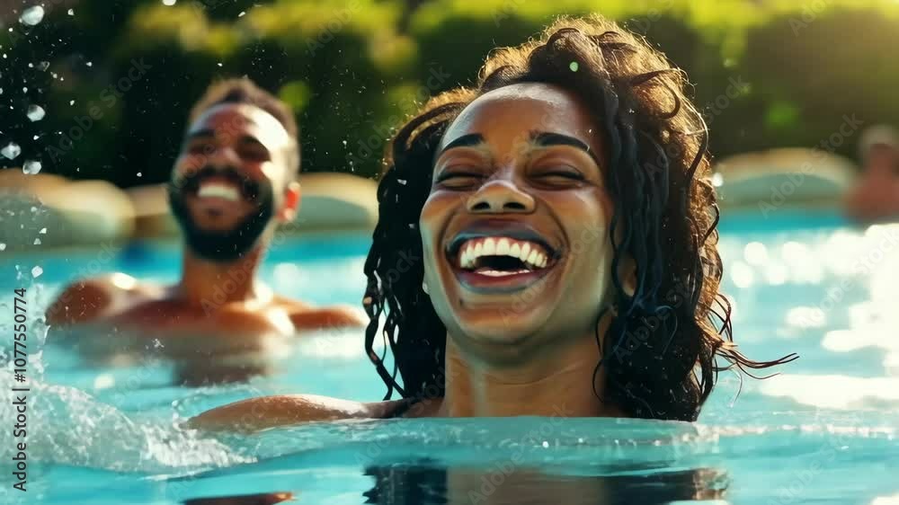 Radiant African American couple sharing a joyful moment in the sparkling pool waters