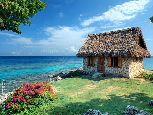 A hut with a thatched roof and weathered wooden beams located by the sea with a view of the simple and beautiful life on the island