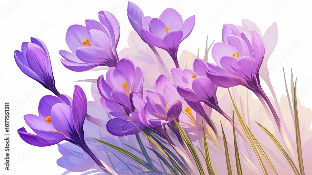 A vibrant bouquet of purple crocuses with yellow centers and green foliage A vibrant bouquet of purple crocuses with yellow centers and green foliage