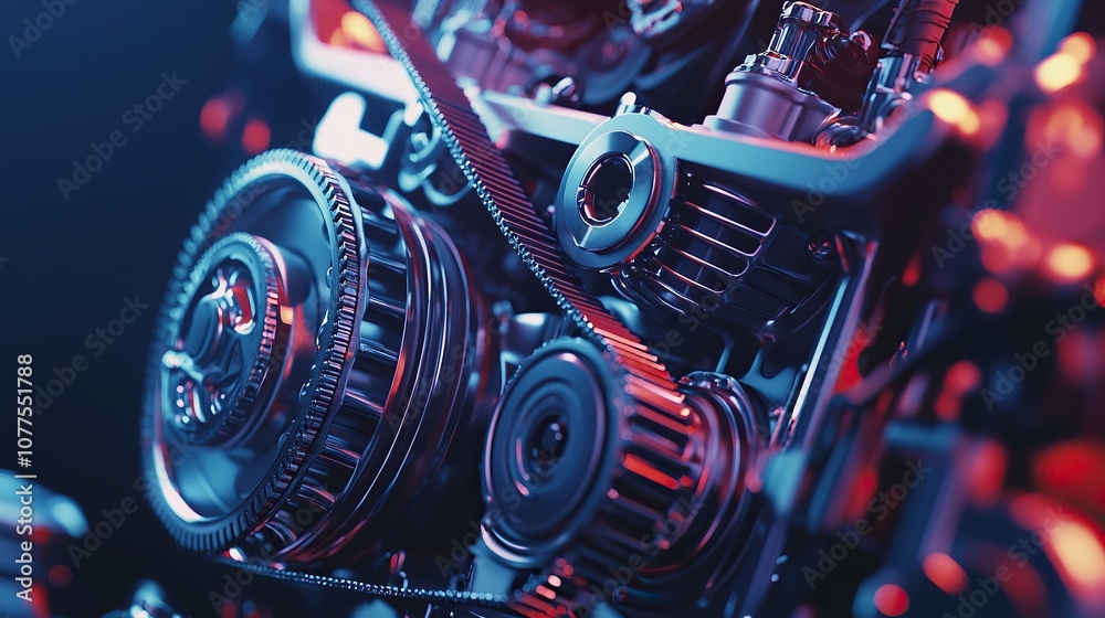Close-Up View of a Diesel Engine Featuring Belts, Valves and Intricate Mechanical Components in a Colorful Dazzling Lighting Setup Close-Up View of a Diesel Engine Featuring Belts, Valves and Intricate Mechanical Components in a Colorful Dazzling Lighting Setup