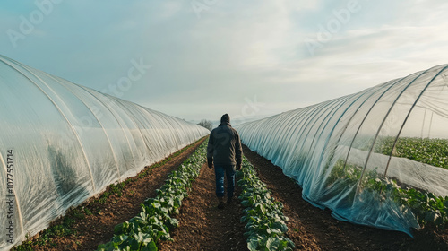 Farmers are using a special fabric to cover their potato fields. This helps protect the young potato plants from cold nights and creates a warm, greenhouse-like environment. photo