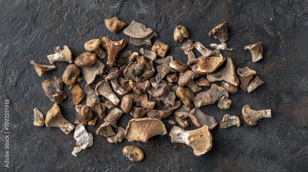 Organic Mushrooms Scattered on Dark Surface - Natural Ingredients for Culinary Applications, Gourmet Dishes, and Healthy Eating Options in Six Times Pack Organic Mushrooms Scattered on Dark Surface - Natural Ingredients for Culinary Applications, Gourmet Dishes, and Healthy Eating Options in Six Times Pack