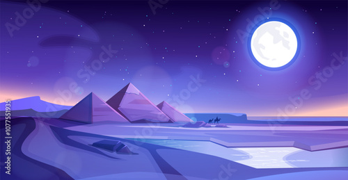 Serene Egyptian night scene of pyramids under a full moon. Landscape is bathed in shades of purple and blue, with stars scattered across the sky. A mystical desert atmosphere. Vector illustration