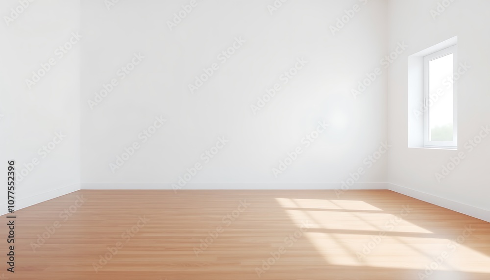Obraz premium A serene, minimalist space with a blank white wall, polished hardwood floor, and a single, unadorned window, bathed in soft, diffused light.