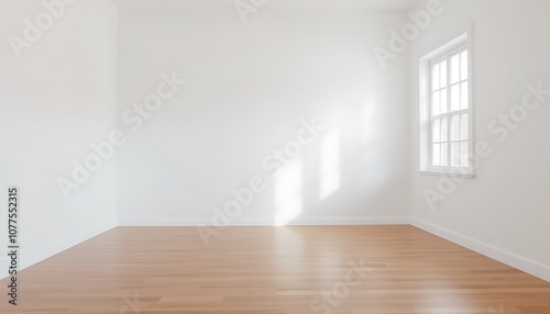 A serene, minimalist space with a blank white wall, polished hardwood floor, and a single, unadorned window, bathed in soft, diffused light.