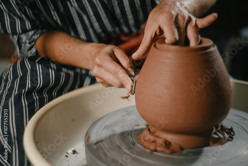 Crafting a clay pot on a pottery wheel in a workshop setting photo