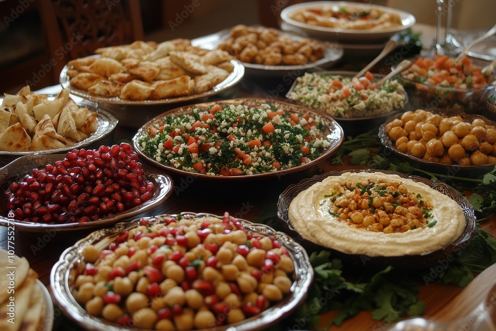 A table full of Middle Eastern cuisine. This image is perfect for representing a gathering of family and friends around a delicious meal. A table full of Middle Eastern cuisine. This image is perfect for representing a gathering of family and friends around a delicious meal.