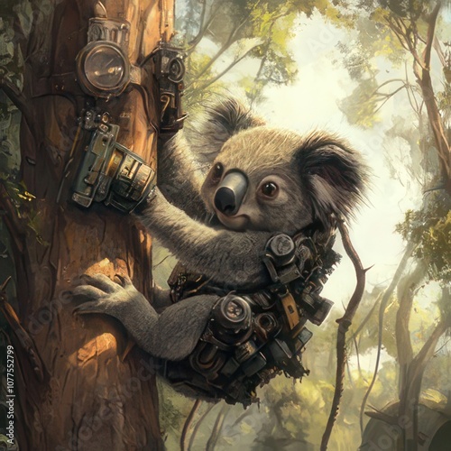 A cute koala with a steampunk-style backpack and goggles climbs a tree in a forest. photo