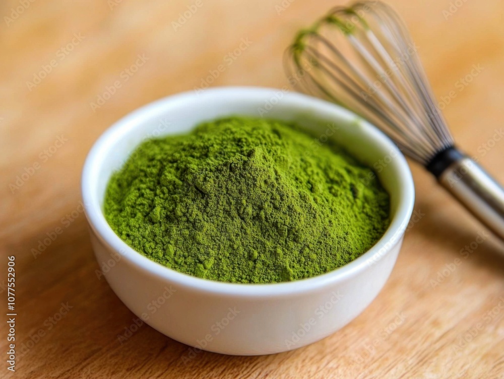 Bright Green Powder of Green Tea in Small Ceramic Bowl with Whisk on Wooden Surface, Capturing the Essence of Natural Ingredients for Healthy Lifestyle Bright Green Powder of Green Tea in Small Ceramic Bowl with Whisk on Wooden Surface, Capturing the Essence of Natural Ingredients for Healthy Lifestyle