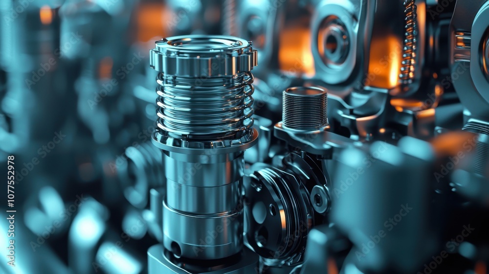 Fototapeta premium Shiny Metal Diesel Engine Components Displayed on Minimal Background, Showcasing Intricate Design and Engineering Excellence for Automotive Applications