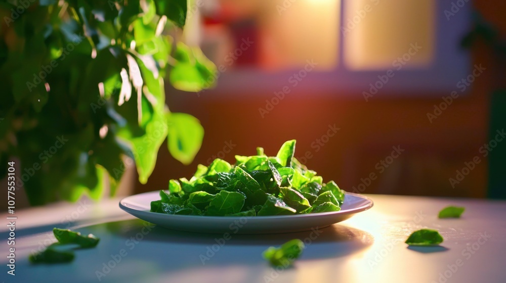 Fresh and Crispy Kale Chips Arranged Beautifully on a Clean White Plate with Natural Backlighting Creating a Warm and Inviting Atmosphere Fresh and Crispy Kale Chips Arranged Beautifully on a Clean White Plate with Natural Backlighting Creating a Warm and Inviting Atmosphere