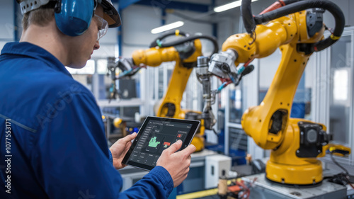 A man is holding a tablet in front of two robots. The robots are yellow and are in a factory setting. The man is likely a technician or engineer