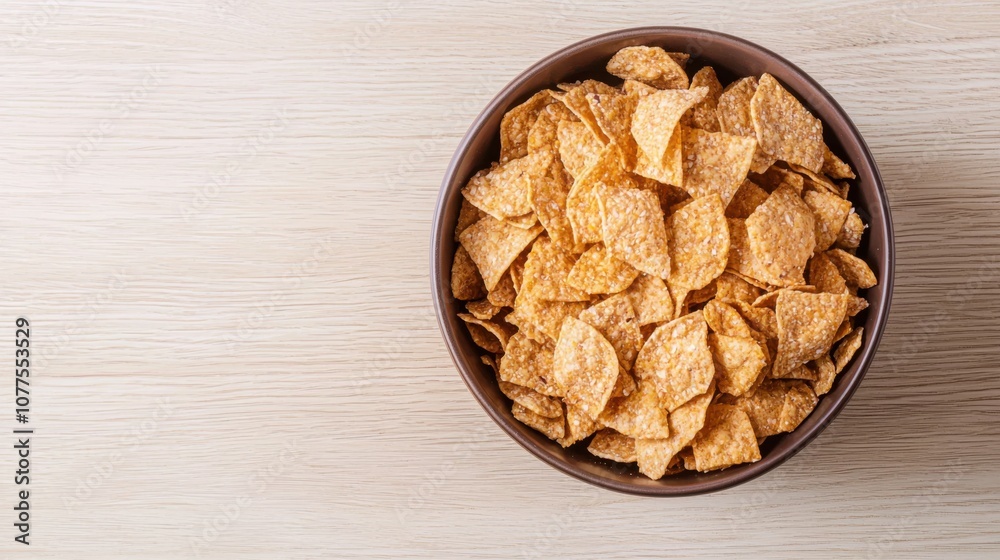 Delicious and Crunchy Coconut Chips in a Brown Bowl Displayed on a Light Wooden Surface Perfect for Snacking and Culinary Presentations Delicious and Crunchy Coconut Chips in a Brown Bowl Displayed on a Light Wooden Surface Perfect for Snacking and Culinary Presentations