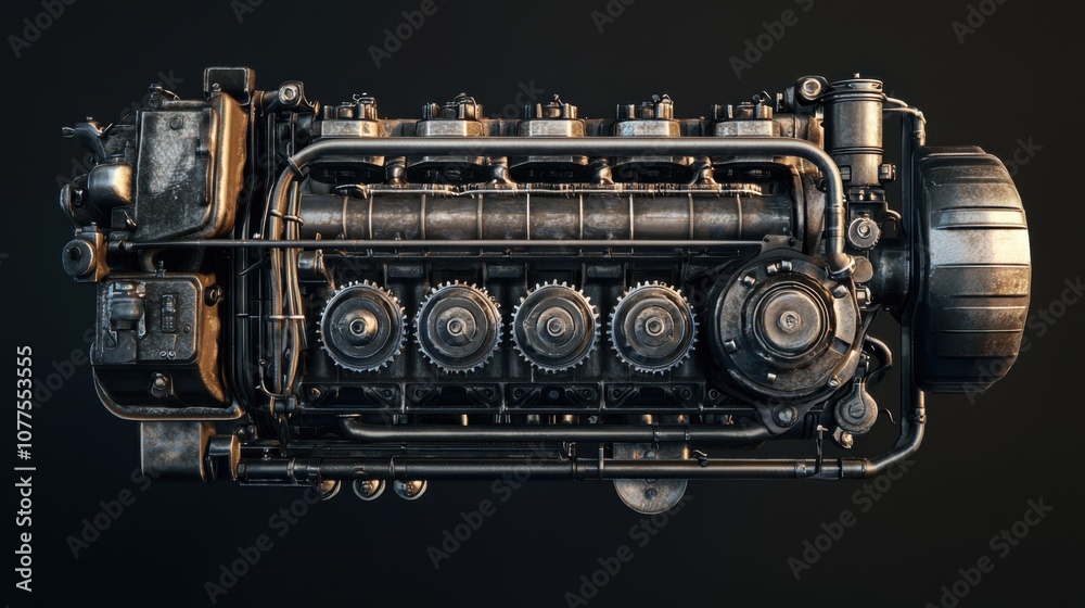 Detailed Close-up of a Diesel Engine with Metal Gears and Components Showcasing Industrial Design and Engineering Excellence in Machinery Detailed Close-up of a Diesel Engine with Metal Gears and Components Showcasing Industrial Design and Engineering Excellence in Machinery