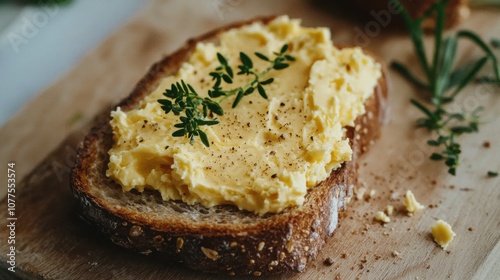 Creamy Butter Spread on Crispy Toasted Bread with Fresh Herbs and Seasoning, Perfect for Breakfast or Snack Time, Indulge in Rich Flavor and Texture photo