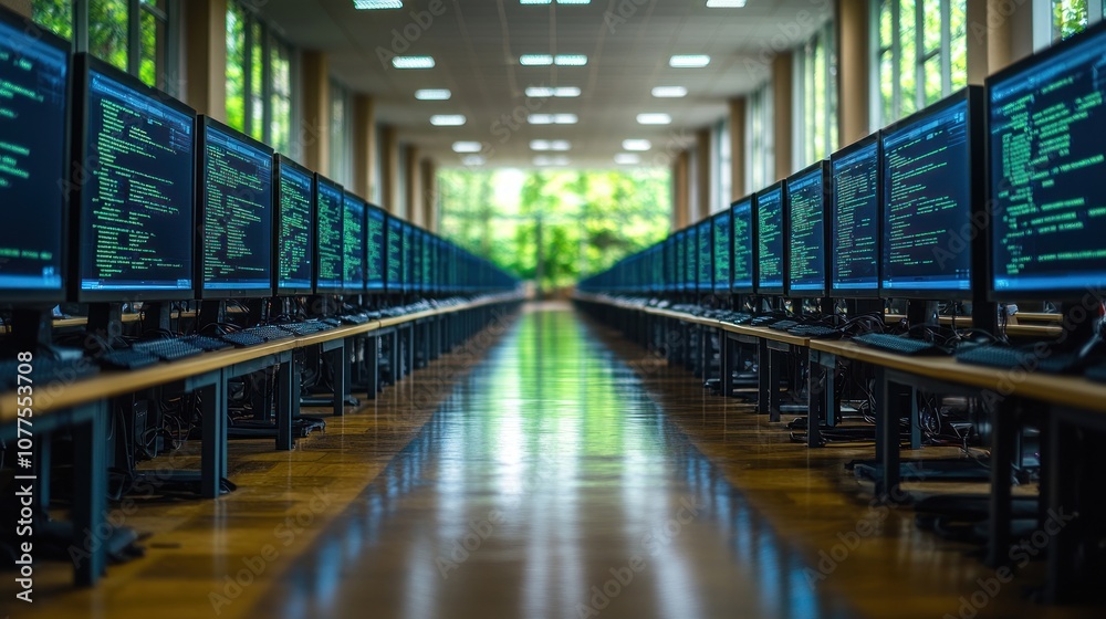 Rows of computers displaying code in a modern workspace. Rows of computers displaying code in a modern workspace.