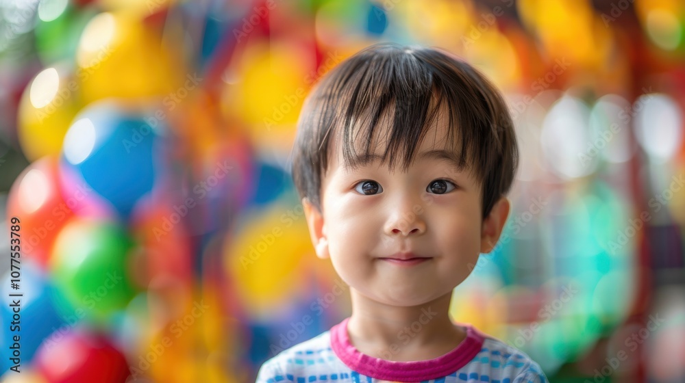 Embracing a colorful setting, a confident Asian kid's charismatic pose exudes natural charm and youthful confidence