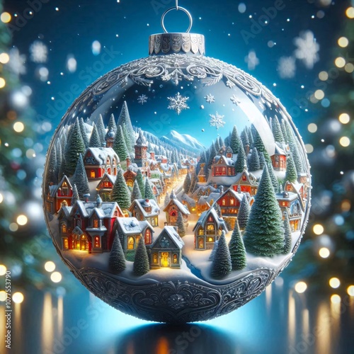 Xmas ball with winter village with snow