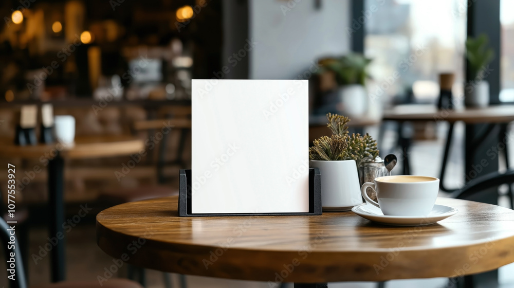 Empty menu card stand on a wooden table in a cozy cafe setting with a cup of coffee and a small plant. Empty menu card stand on a wooden table in a cozy cafe setting with a cup of coffee and a small plant.