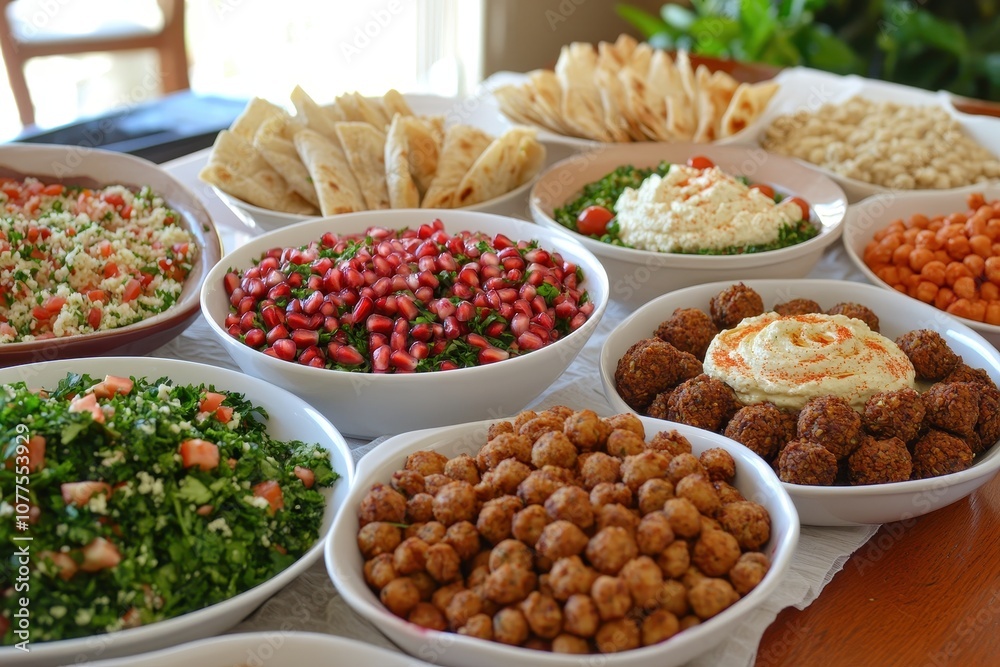 A variety of Middle Eastern dishes are laid out on a table. This image is perfect for articles or websites about food, culture, or celebrations. A variety of Middle Eastern dishes are laid out on a table. This image is perfect for articles or websites about food, culture, or celebrations.