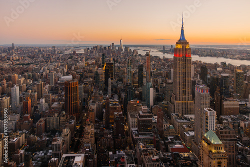 NYC skyline at sunset with iconic buildings and landmarks