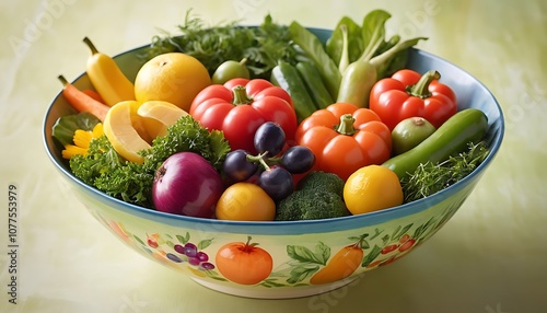 A vibrant, colorful mix of fresh vegetables and fruits, arranged artfully in a delicate, hand-painted ceramic bowl, set against a warm, sunny background with a soft, blurred focus on the greens.