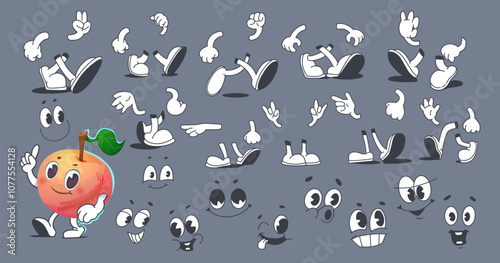 Fun vector character creation kit featuring a character with various expressive eyes, mouths, hands, and feet in different poses. Perfect for creating unique, playful character designs